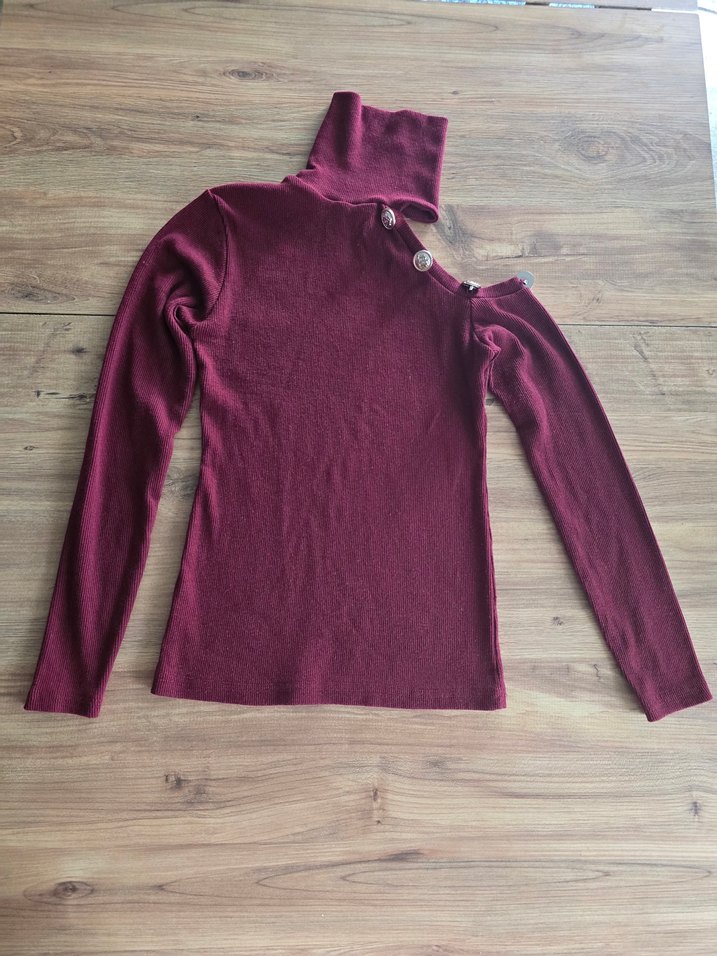 Düğmeli Bordo Kadın Boğazlı Bady - Görsel 2