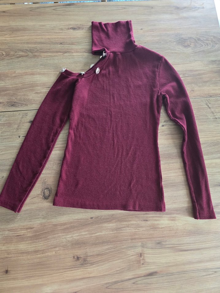 Düğmeli Bordo Kadın Boğazlı Bady - Görsel 3