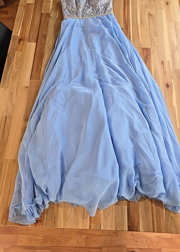 Mavi Bohem Kayık Yaka Uzun Abiye Elbise - Görsel 2