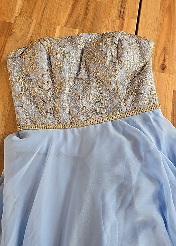 Mavi Bohem Kayık Yaka Uzun Abiye Elbise - Görsel 3