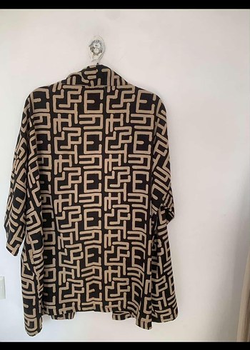 Kahverengi Desenli Kısa Kollu unisex kimonu hint ipeği - Görsel 3