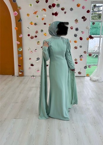 Mint yeşili İşlemeli Uzun Drapeli Kadın Abiye Elbise - Görsel 2