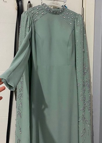 Mint yeşili İşlemeli Uzun Drapeli Kadın Abiye Elbise - Görsel 3