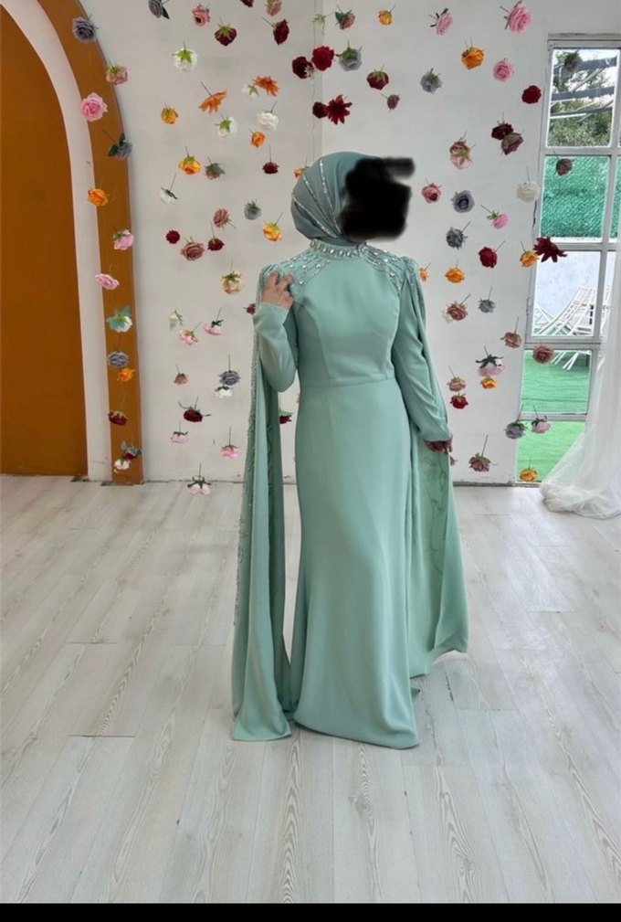 Mint yeşili İşlemeli Uzun Drapeli Kadın Abiye Elbise - Görsel 2