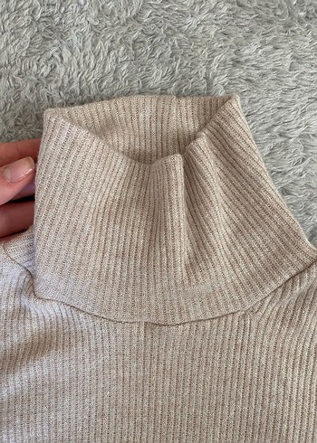 Bej Boğazlı Fitilli Triko Crop Hafif Simli - Görsel 5