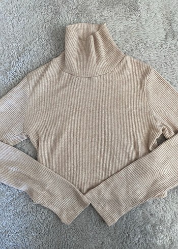 Bej Boğazlı Fitilli Triko Crop Hafif Simli - Görsel 2