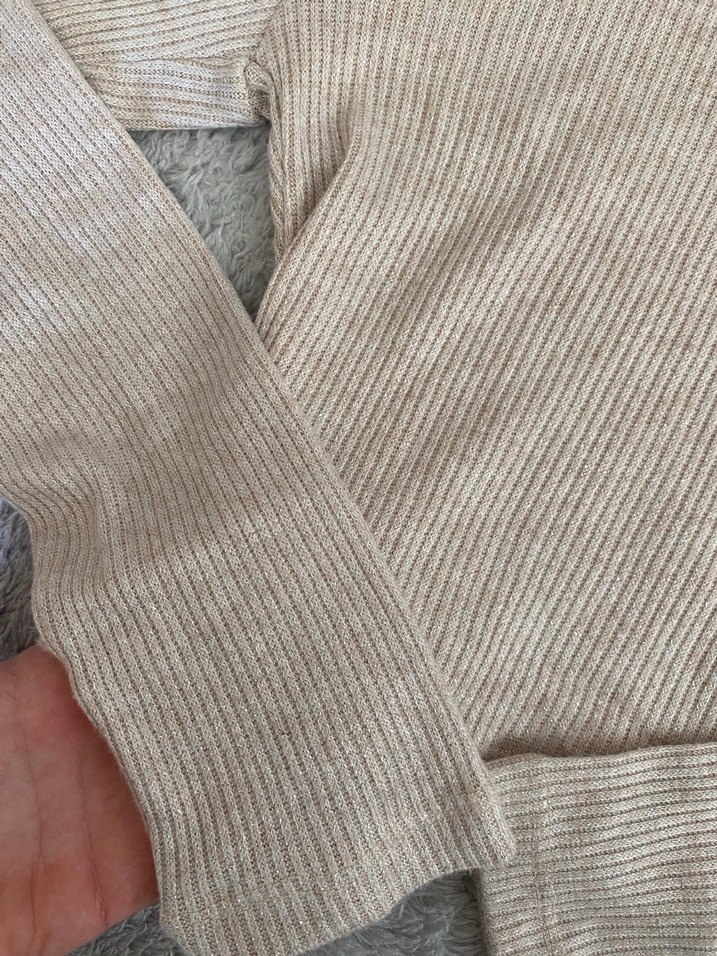 Bej Boğazlı Fitilli Triko Crop Hafif Simli - Görsel 4