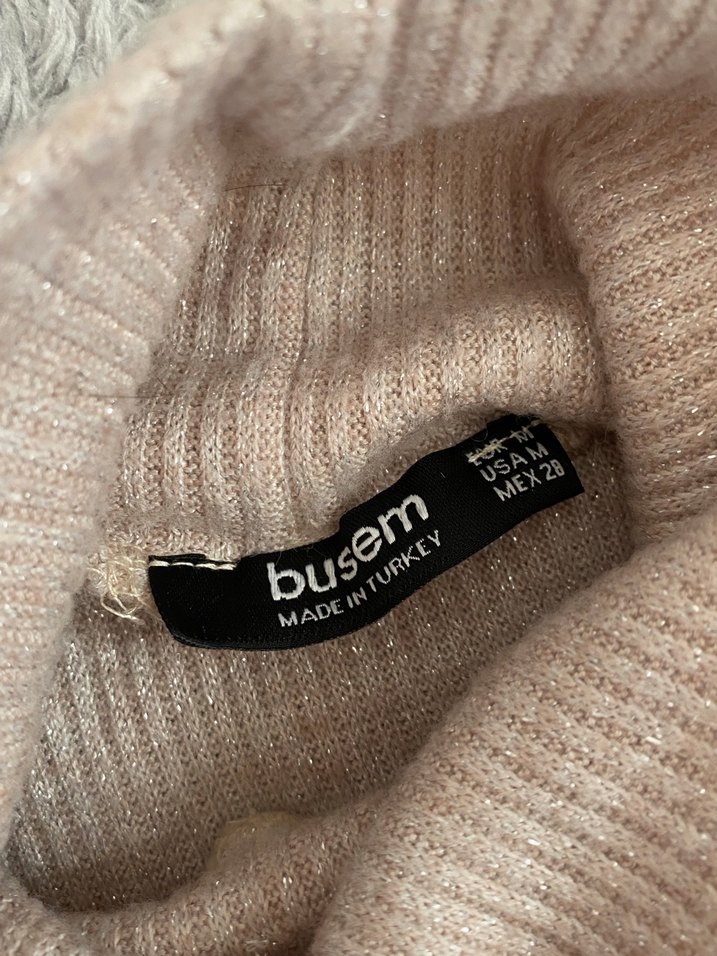 Bej Boğazlı Fitilli Triko Crop Hafif Simli - Görsel 3