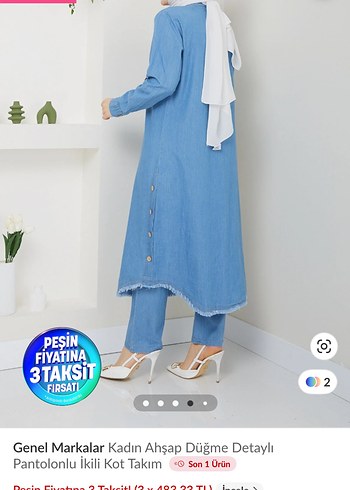 Kadın Mavi Uzun Kot Takım Ahşap Düğmeli - Görsel 2
