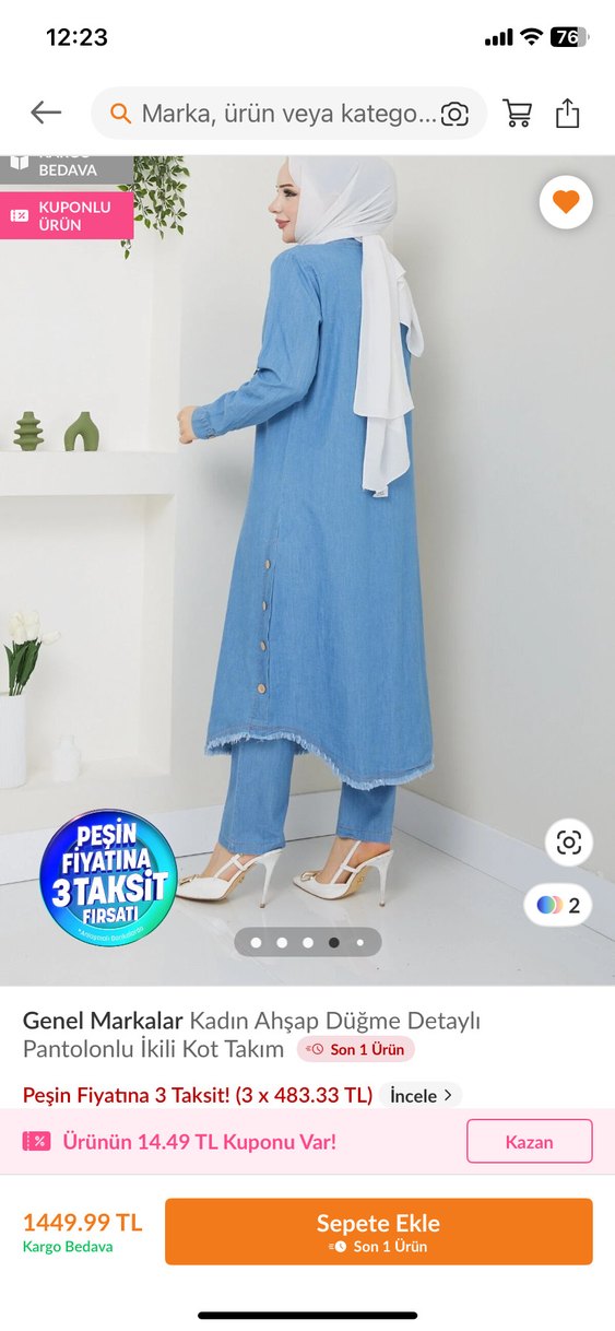 Kadın Mavi Uzun Kot Takım Ahşap Düğmeli - Görsel 2