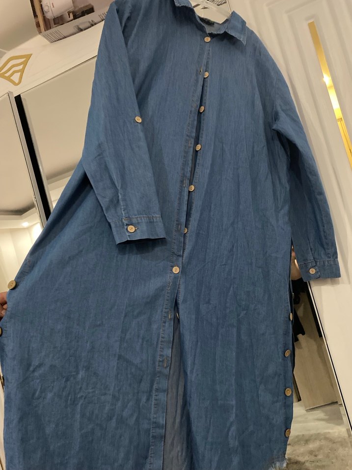 Kadın Mavi Uzun Kot Takım Ahşap Düğmeli - Görsel 4