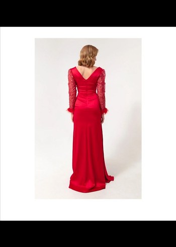 Kırmızı Dantel Detaylı Uzun Abiye Elbise - Görsel 3