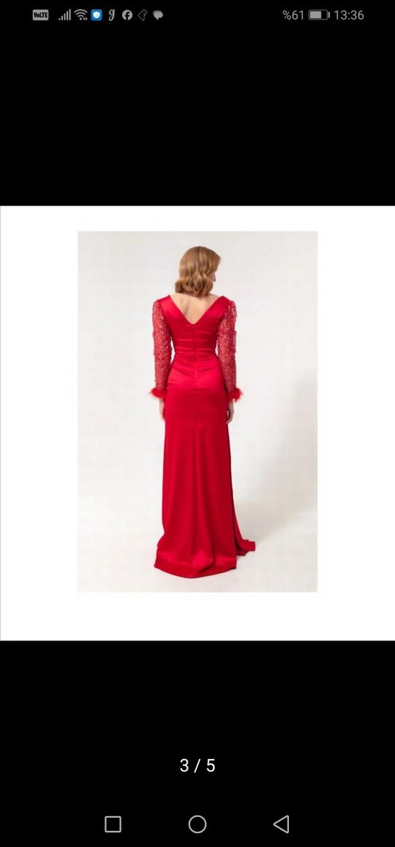 Kırmızı Dantel Detaylı Uzun Abiye Elbise - Görsel 3