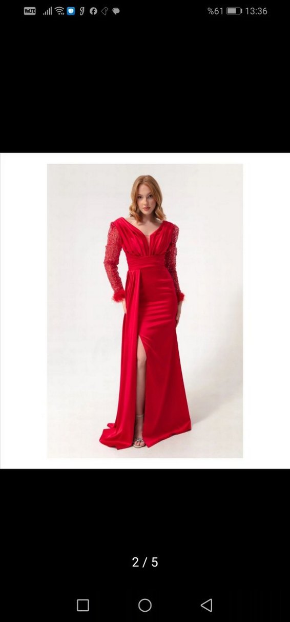 Kırmızı Dantel Detaylı Uzun Abiye Elbise - Görsel 2