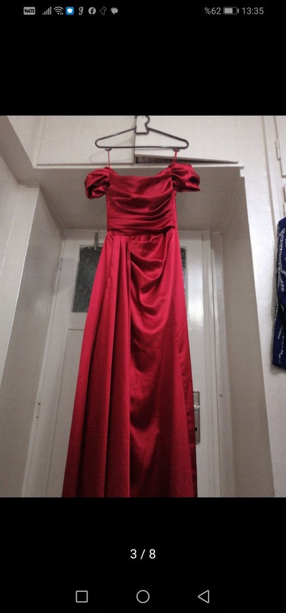 Uzun Kırmızı Drapeli Straplez Abiye Elbise - Görsel 3