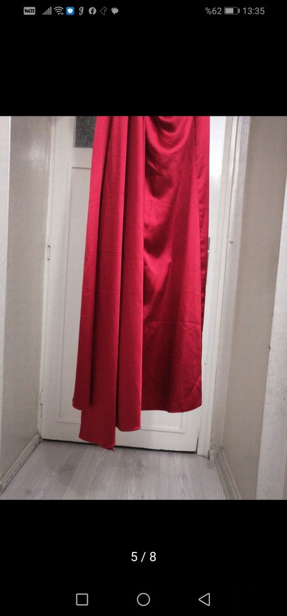 Uzun Kırmızı Drapeli Straplez Abiye Elbise - Görsel 5