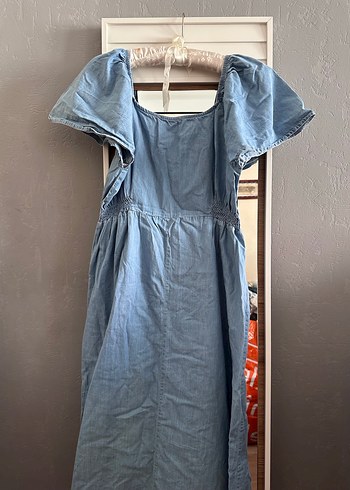 Mavi Midi Denim Bohem Elbise - Görsel 2