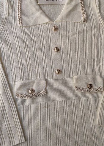 Düğmeli Bej Uzun Kollu Triko Elbise - Görsel 3