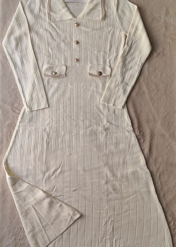 Düğmeli Bej Uzun Kollu Triko Elbise - Görsel 4