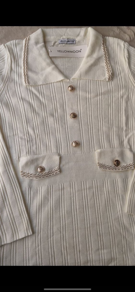 Düğmeli Bej Uzun Kollu Triko Elbise - Görsel 3