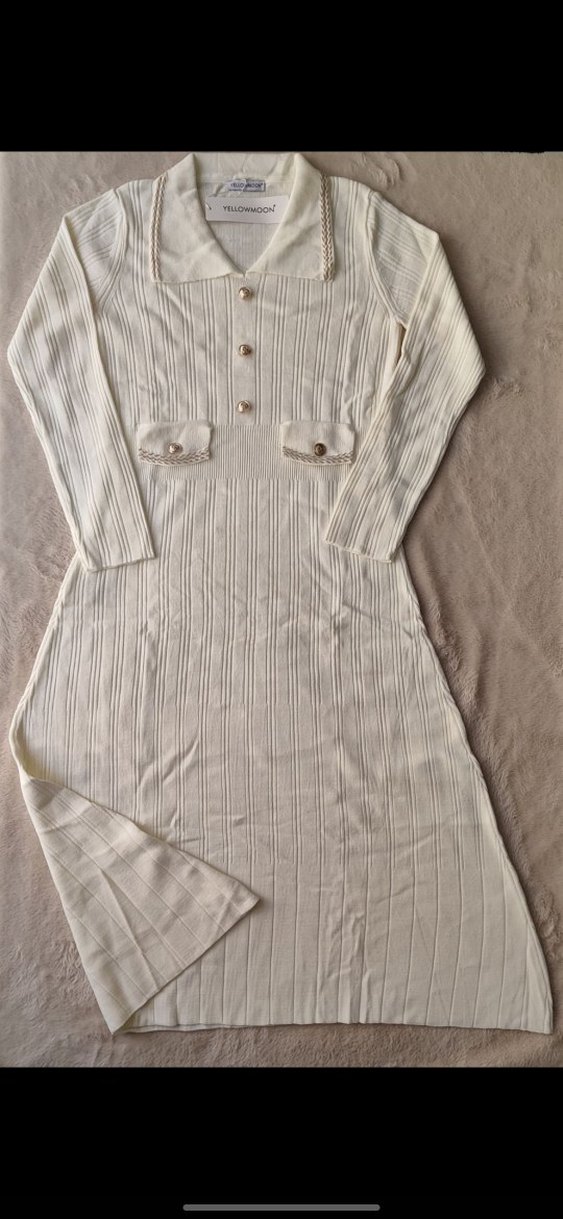 Düğmeli Bej Uzun Kollu Triko Elbise - Görsel 4