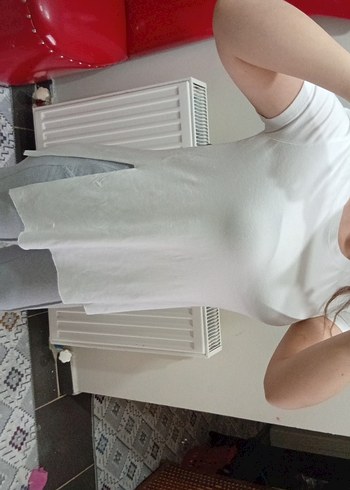 Kadın Beyaz Kısa Kollu Keten Tişört - Görsel 2