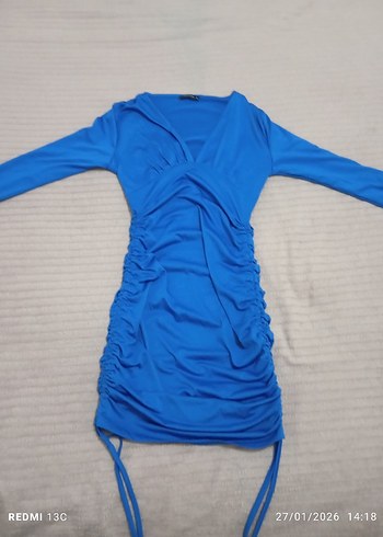 Mavi Drapeli Uzun Kollu mini elbise - Görsel 3