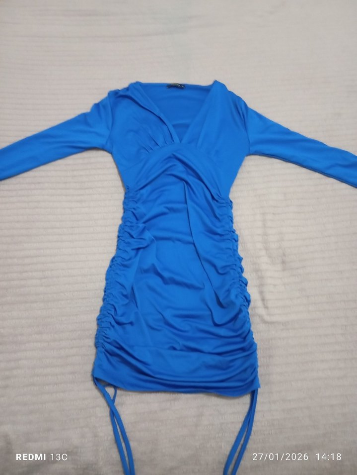 Mavi Drapeli Uzun Kollu mini elbise - Görsel 3