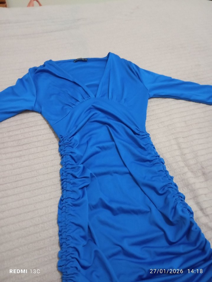 Mavi Drapeli Uzun Kollu mini elbise - Görsel 2