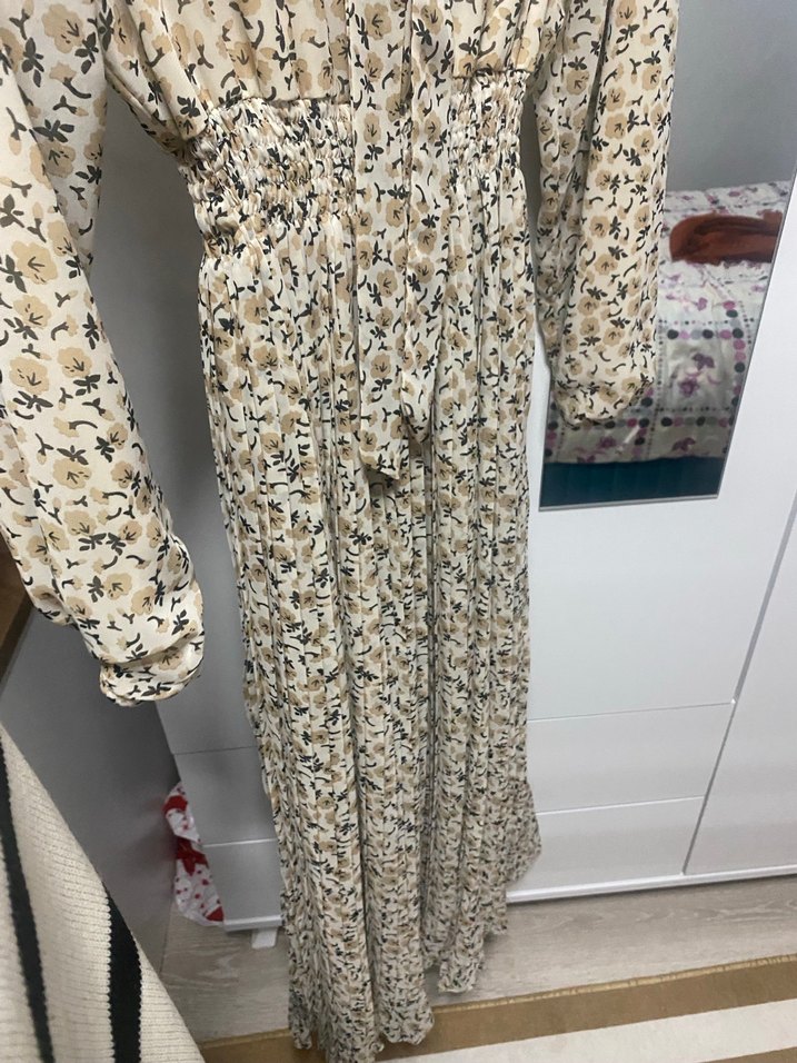 Bej Desenli Uzun Kollu Bohem Elbise - Görsel 2