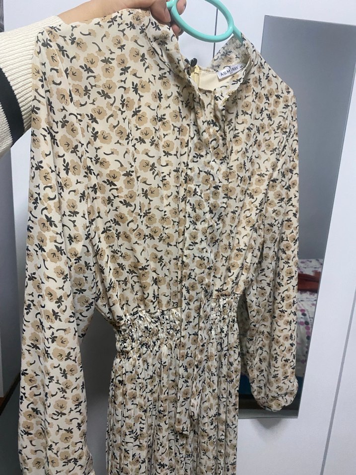 Bej Desenli Uzun Kollu Bohem Elbise - Görsel 3