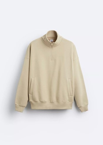 Bej Fermuarlı Yüksek Yakalı Sweatshirt - Görsel 4