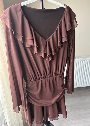 Kahverengi kollar şifon mini elbise - Görsel 2