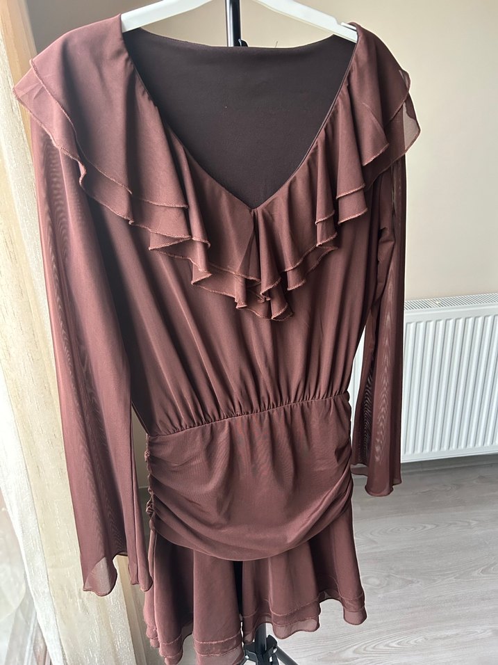 Kahverengi kollar şifon mini elbise - Görsel 2