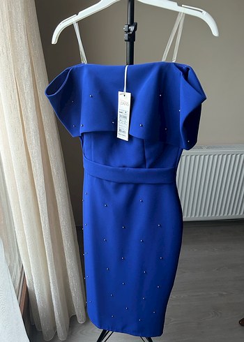 Mavi Drapeli Straplez Mini Elbise - Görsel 3