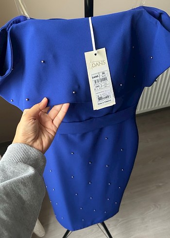 Mavi Drapeli Straplez Mini Elbise - Görsel 4