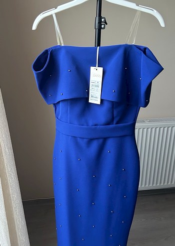 Mavi Drapeli Straplez Mini Elbise - Görsel 2