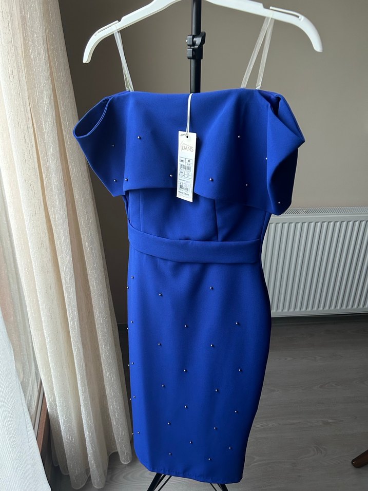 Mavi Drapeli Straplez Mini Elbise - Görsel 3