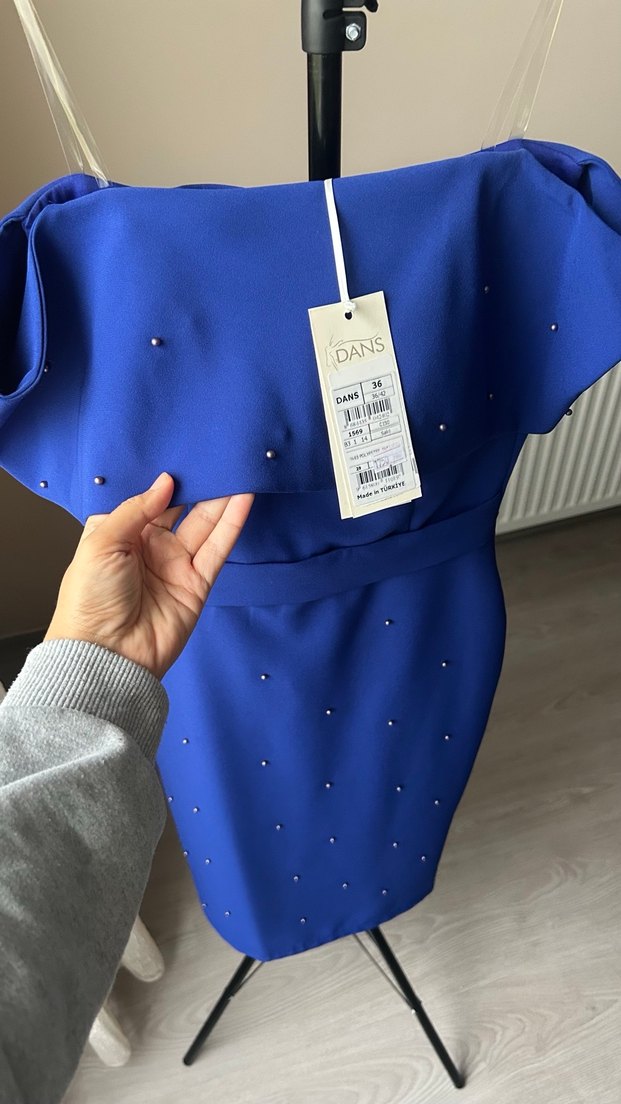 Mavi Drapeli Straplez Mini Elbise - Görsel 4