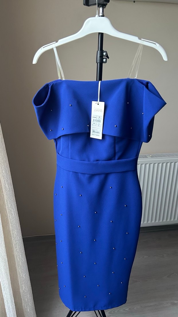 Mavi Drapeli Straplez Mini Elbise - Görsel 2