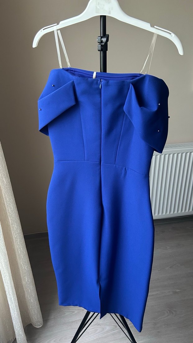 Mavi Drapeli Straplez Mini Elbise - Görsel 5