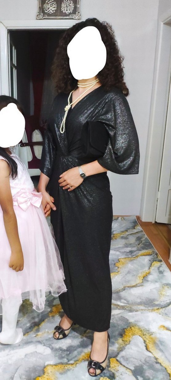 Antrasit Parlak Uzun Kadın Abiye Elbise - Görsel 2