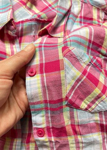 Pembe Düğmeli Pamuklu ekose kız çocuk gömlek - Görsel 3