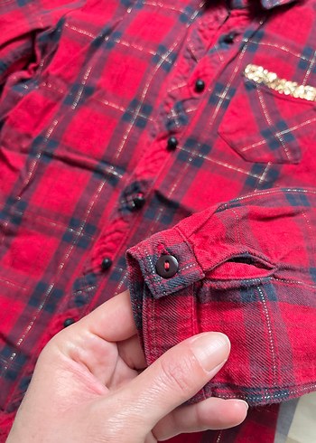 Kırmızı Uzun Kollu kız çocuk Ekose Gömlek - Görsel 4