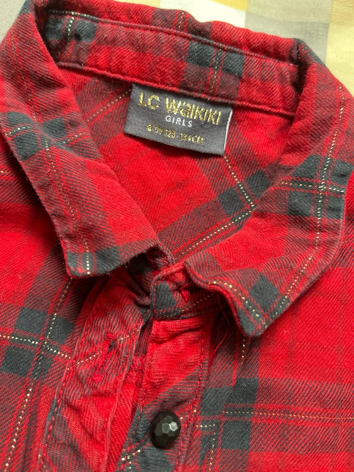 Kırmızı Uzun Kollu kız çocuk Ekose Gömlek - Görsel 3