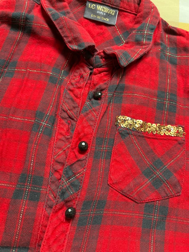 Kırmızı Uzun Kollu kız çocuk Ekose Gömlek - Görsel 2