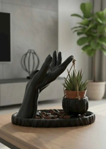 Siyah El Figürlü Saksı ve Dekoratif Tabak - Görsel 3