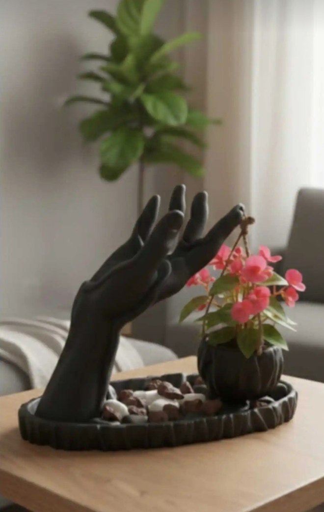 Siyah El Figürlü Saksı ve Dekoratif Tabak - Görsel 2
