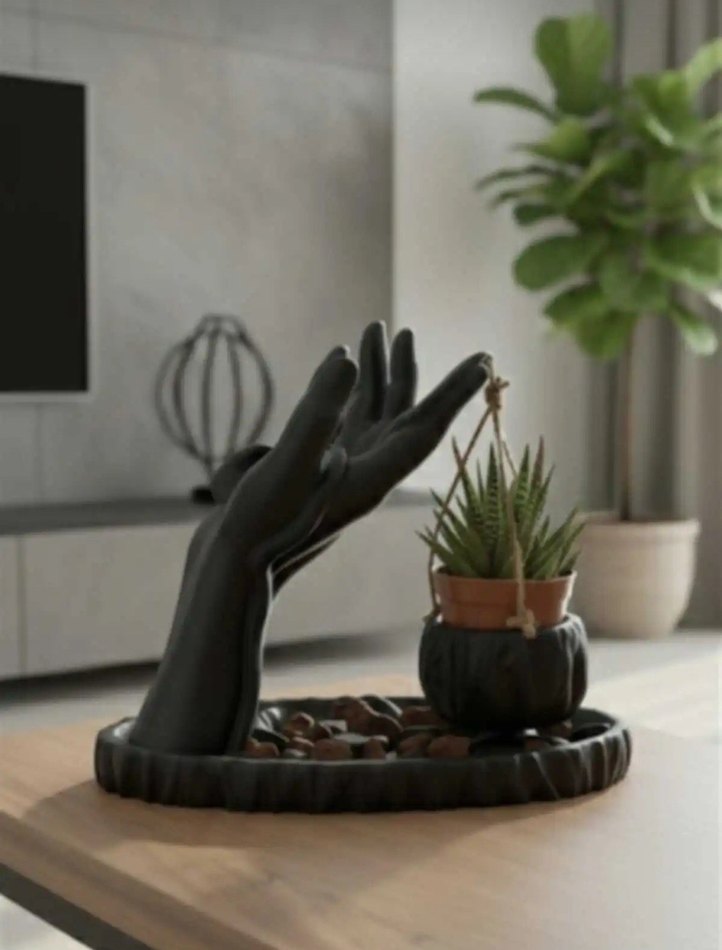Siyah El Figürlü Saksı ve Dekoratif Tabak - Görsel 3