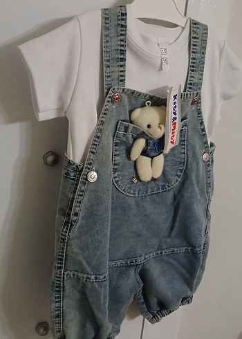 Renkli Baskılı Düğmeli Mavi Denim Erkek Çocuk Tulum - Görsel 3